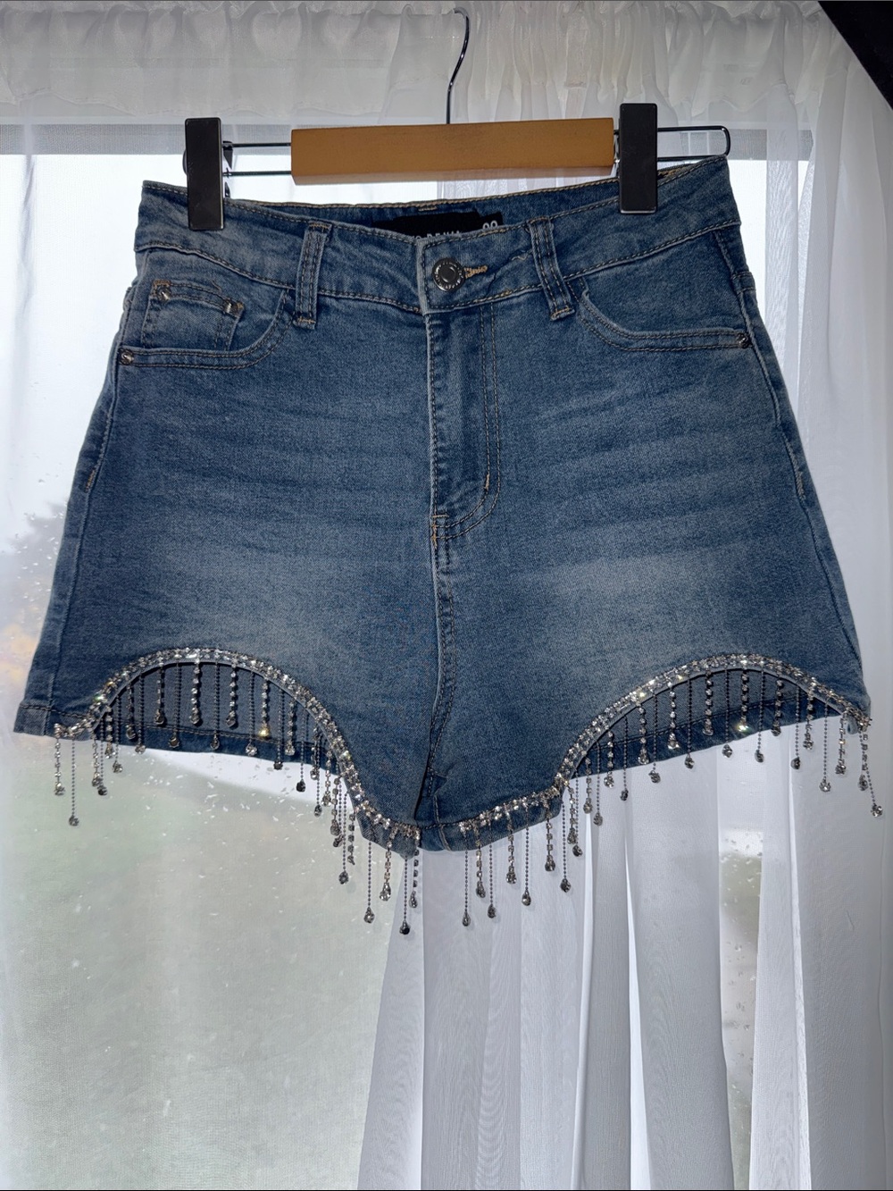 Rhinestone Fringe High-Waist Denim Shorts - Light Blue